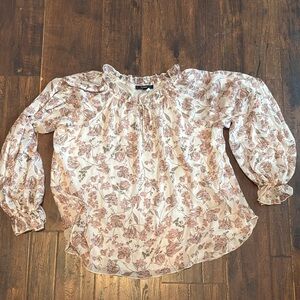 Lulu's Floral Blouse Ivory and Pink - tie neck top